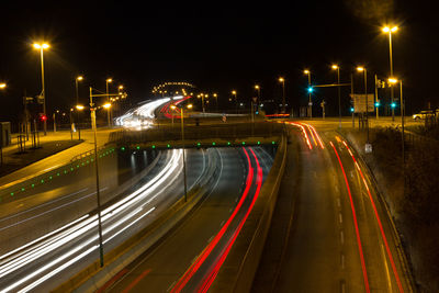 Light trails on road at night