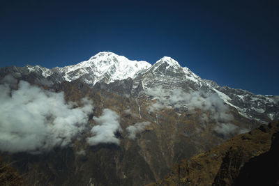 Scenic view of snowcapped mountains against clear sky