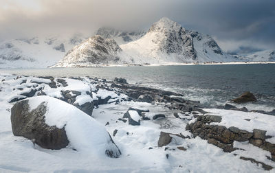 Scenic view of sea and snowcapped mountains against sky