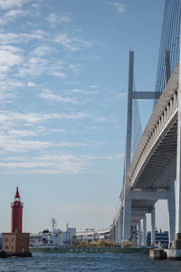 Bridge over sea by buildings against sky