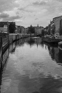 Scenic view of river in city against sky