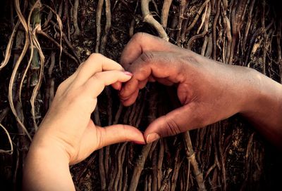 Cropped hands of couple making heart shape against tree