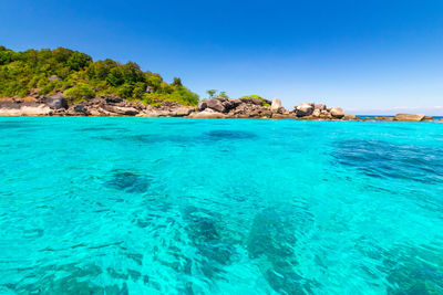 Scenic view of sea against clear blue sky