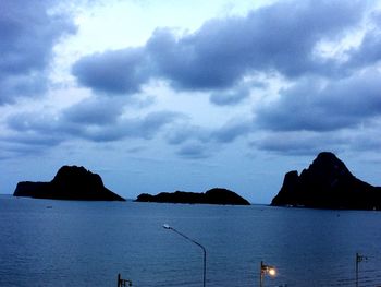 Panoramic view of sea and mountains against sky