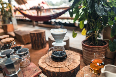 Close-up of glasses on table