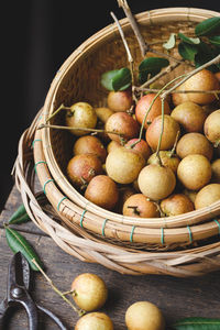 High angle view of longans in wicker basket