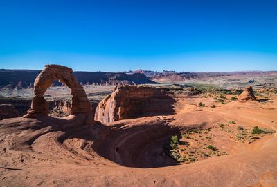 Scenic view of desert against clear blue sky