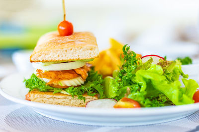 Close-up of burger in plate