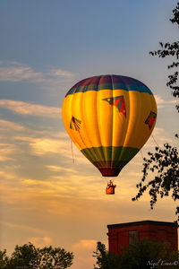 Hot air balloons flying against sky during sunset