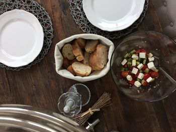 High angle view of breakfast on table