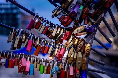 Close-up of padlocks hanging