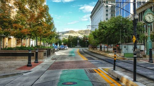 Road amidst trees in city against sky