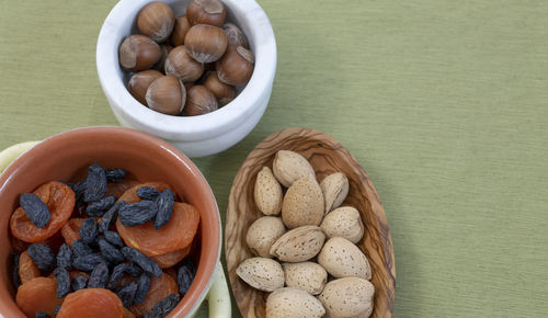 High angle view of fruits in bowl on table