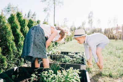 Siblings looking at their homegrown vegetable and fruit at home