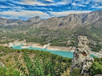 Scenic view of lake and mountains against sky