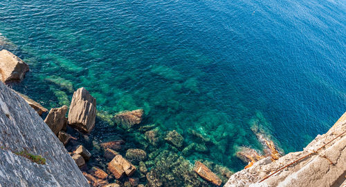 High angle view of rocks by sea