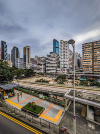 High angle view of buildings in city against sky