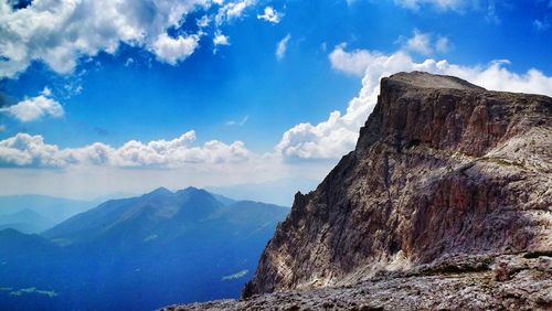 Scenic view of rocky mountains against cloudy sky