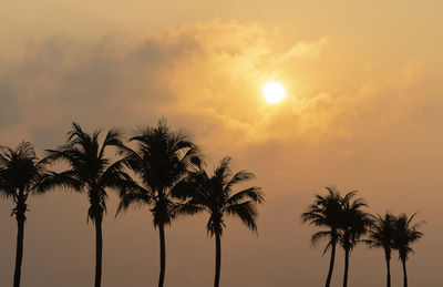 Low angle view of silhouette palm trees against romantic sky