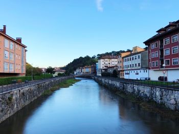 River amidst buildings against blue sky