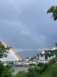 Rainbow over buildings in city against sky