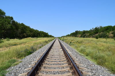 Surface level of railroad tracks against clear sky