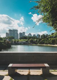 River by buildings in city against sky