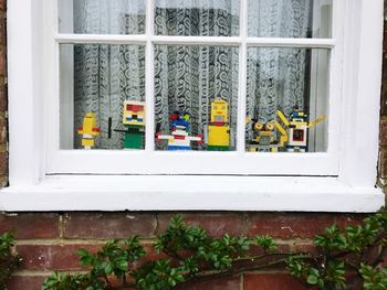 Close-up of potted plant by window against building