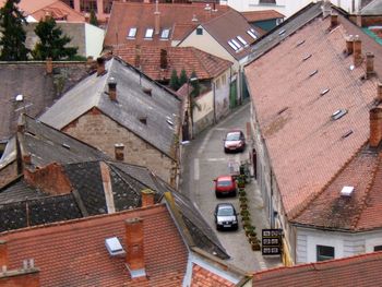 High angle view of street and buildings in town