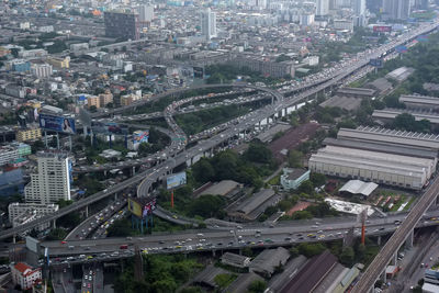 High angle view of elevated road amidst buildings in city