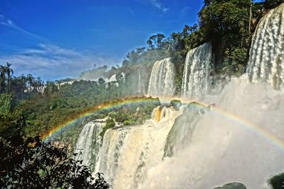 Scenic view of waterfall against sky