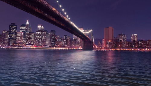 Illuminated city by river against sky at night