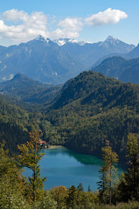 Scenic view of lake and mountains against sky