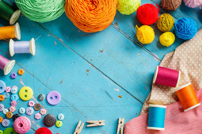 High angle view of multi colored pencils on table
