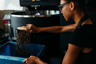 Woman working in cafe