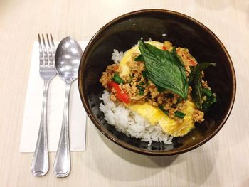 High angle view of food in plate on table