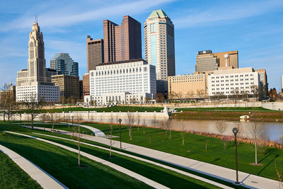 View of modern buildings in city against sky