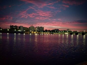 City at waterfront during sunset