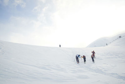 People on snowcapped mountain against sky