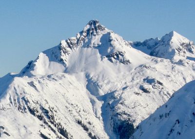 Scenic view of snowcapped mountains against clear sky