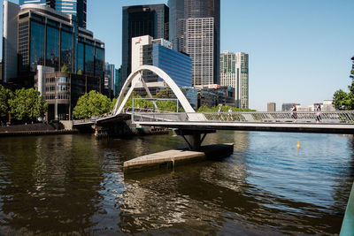 Bridge over river by buildings against sky in city