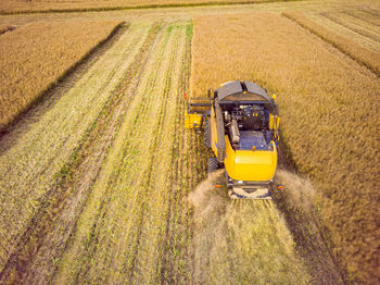 Combine harvester working on the large wheat field. aerial view of combine harvester.