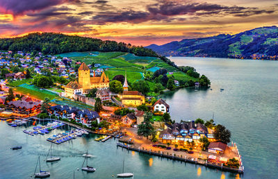 High angle view of city at waterfront