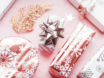 High angle view of christmas decorations on table