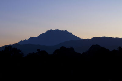 Scenic view of silhouette mountains against clear sky