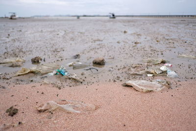 Surface level of messy beach against sky