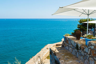 Scenic view of sea against clear blue sky