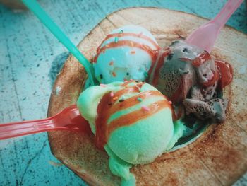 High angle view of ice cream on table