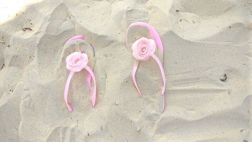 High angle view of pink sand on beach