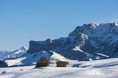 Scenic view of snowcapped mountains against clear sky